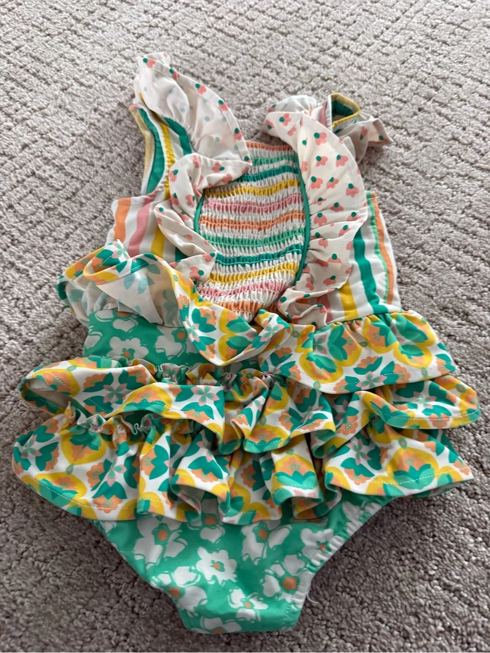 Wildflowers Green Floral & Pastel Stripe Ruffle Swimsuit